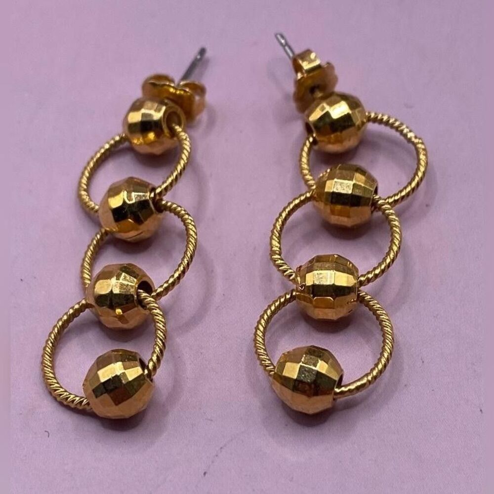 Gold Tone Beaded Circle Drop Dangle Earrings Faceted Ball Fashion 2”